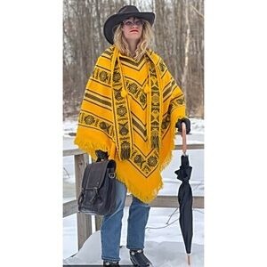 Tejidos Diaz style vibrant yellow/black print vintage wool-blend poncho unisex